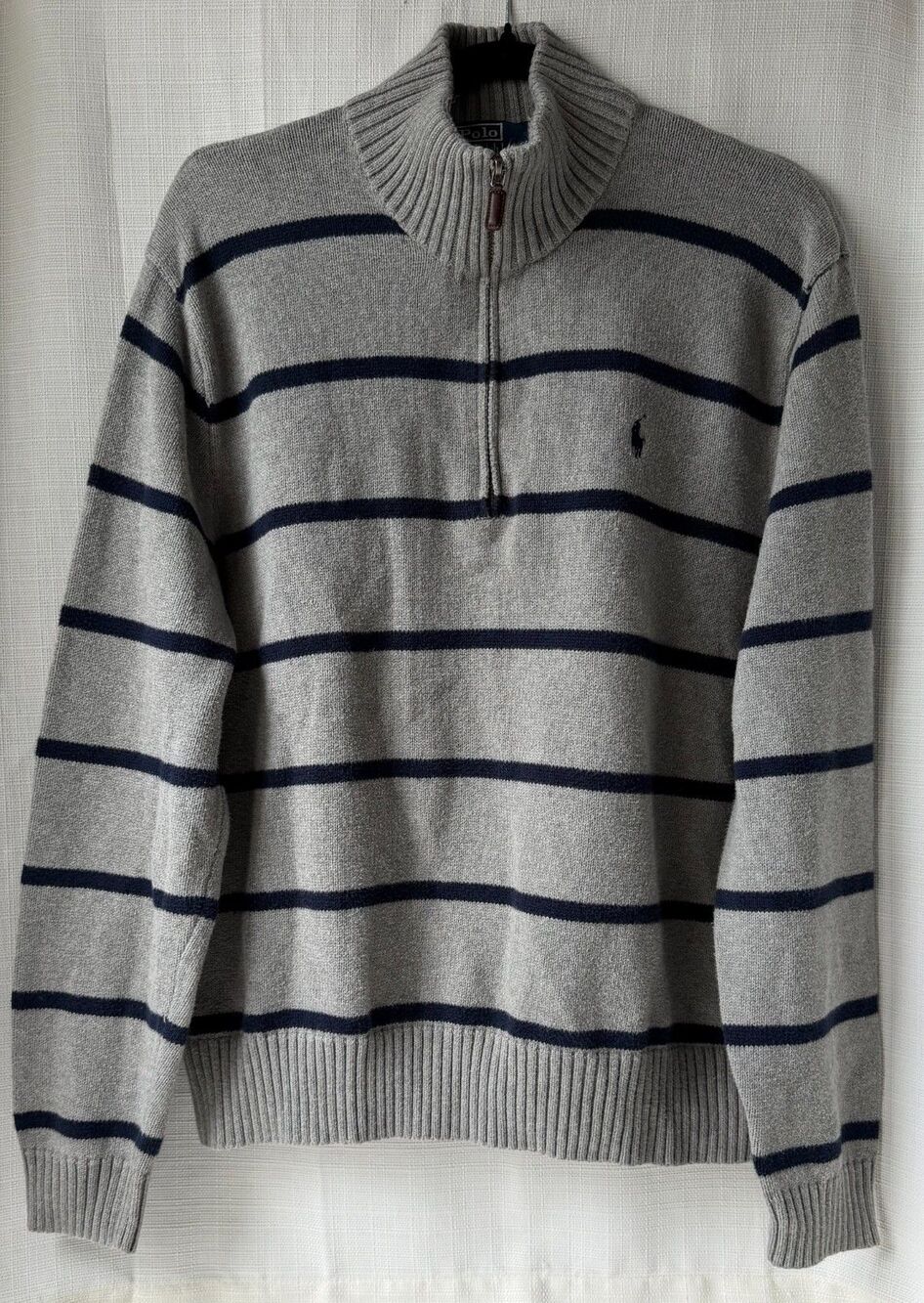 Polo Ralph Lauren Men XL 1/4 Zip Sweater Gray Navy Stripe Cotton Pony